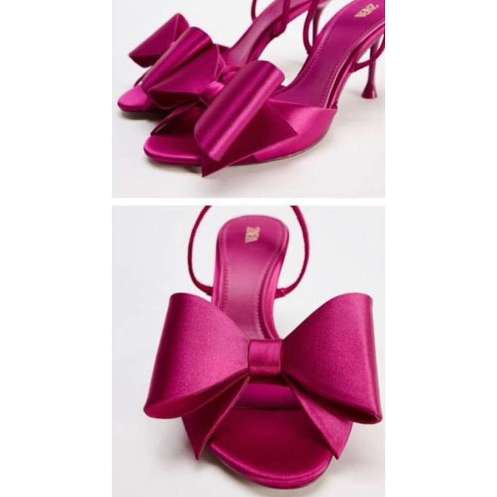NWT NEW Zara Embeliished Fuchsia Pinn Satin Effect Bow High Heel Sandals US 6​ - Picture 9 of 10
